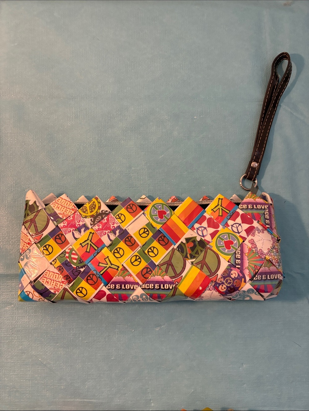 Nahui Ollin Multicolor Peace & Heart Woven Candywrapper Style Wristlet